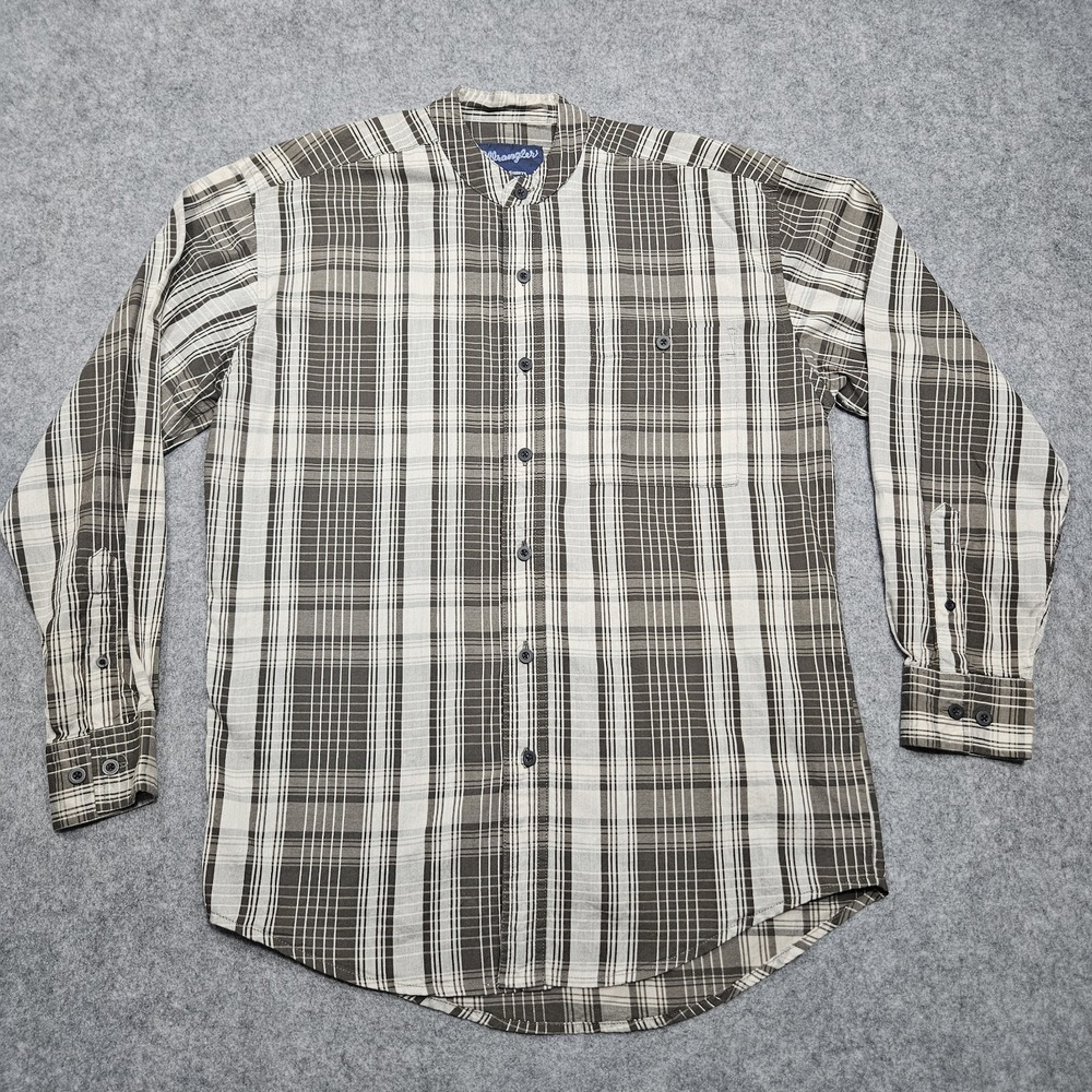 90s Wrangler Band Collar Shirt Mens Size Medium Plaid Western Long Sleeve Pocket
